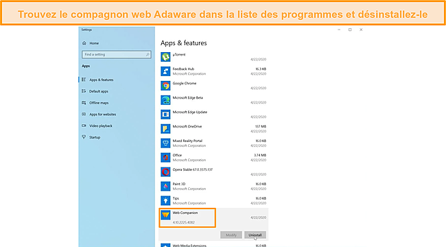 J'ai localisé Adaware Web Companion dans la liste des programmes et je l'ai désinstallé.