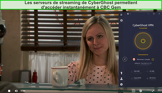 Capture d'écran montrant que le serveur de streaming optimisé CBC de CyberGhost est connecté pendant la diffusion en direct de CBC Gem.