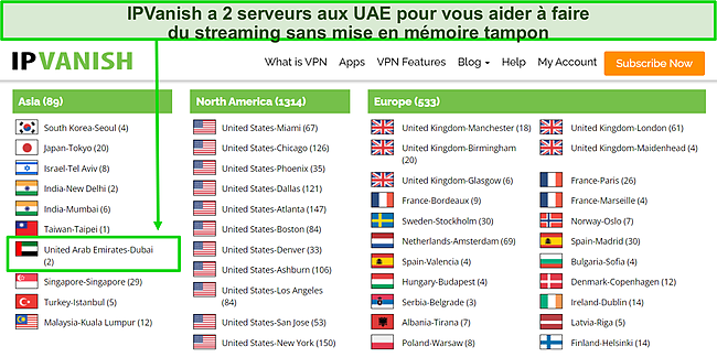 Capture d'écran de Avec 2 serveurs aux EAU, IPVanish peut débloquer et diffuser rapidement des sites EAU.