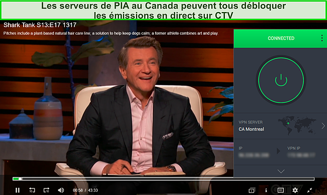 Capture d'écran d'un flux en direct de CTV pendant que PIA est connecté à un serveur à Montréal.