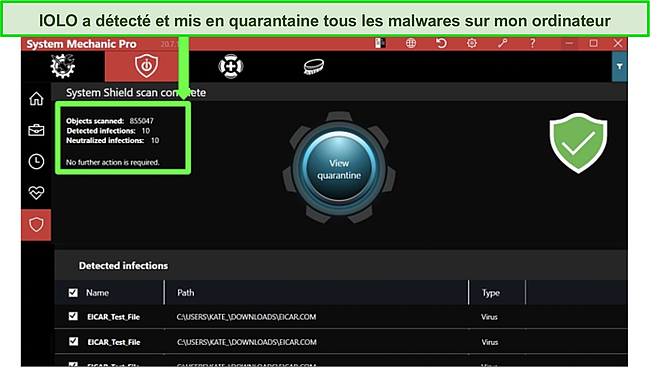 Capture d'écran de l'antivirus IOLO supprimant les logiciels malveillants des fichiers système.