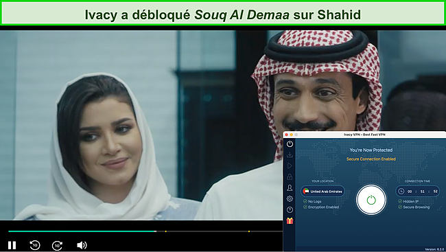 Capture d'écran d'Ivacy travaillant sur Shahid pour débloquer Souq Al Demaa.