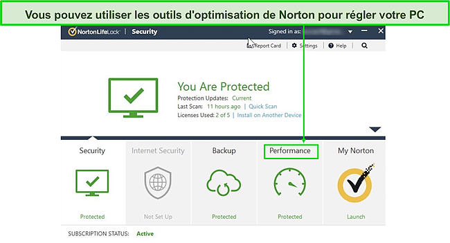 Capture d'écran du tableau de bord de Norton contenant des outils d'optimisation des performances.