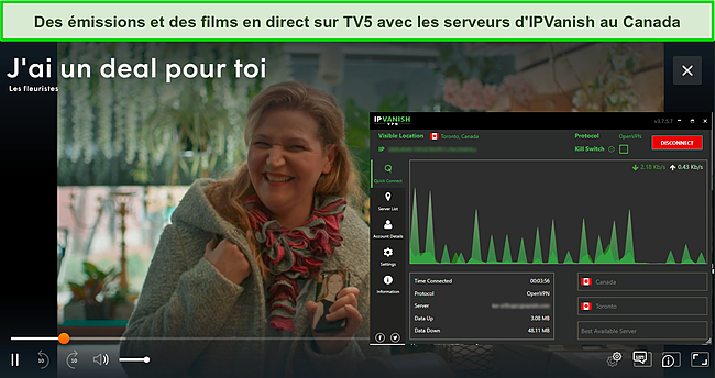 Capture d'écran d'une émission en streaming sur TV5 alors qu'IPVanish est connecté à un serveur à Toronto.