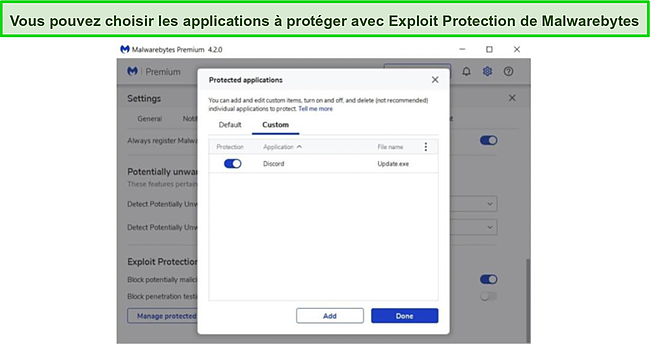 Capture d'écran de la liste des applications protégées par la protection contre les exploits de Malwarebytes.