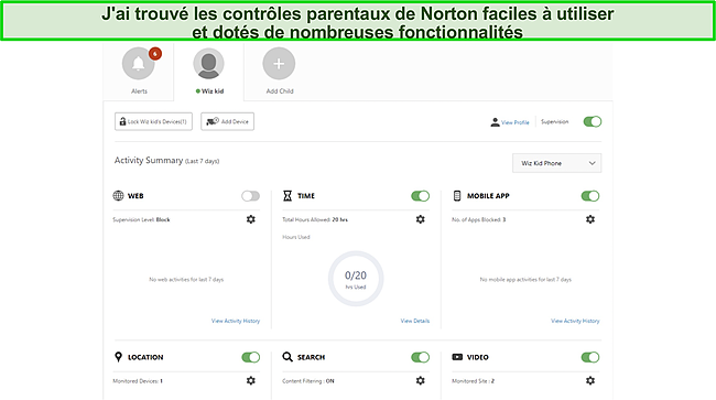 Capture d'écran de la fonction de contrôle parental de Norton.