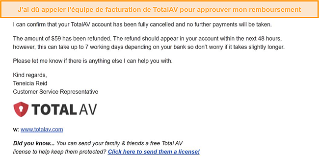 Capture d'écran de l'e-mail de TotalAV approuvant une demande de remboursement.