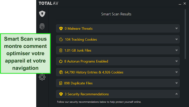TotalAV propose une capture d'écran des recommandations de mise au point de l'analyse intelligente