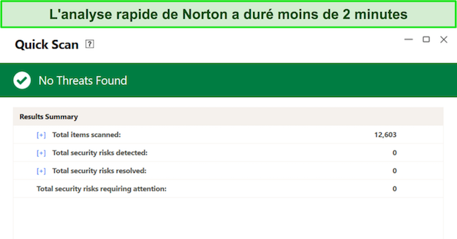Capture d'écran de l'examen de l'analyse rapide Norton
