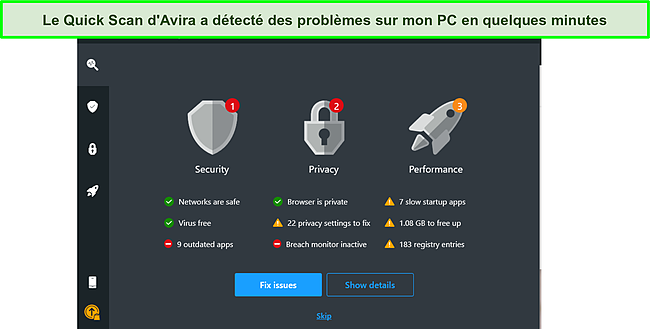 Capture d'écran des résultats de l'analyse rapide Avira.