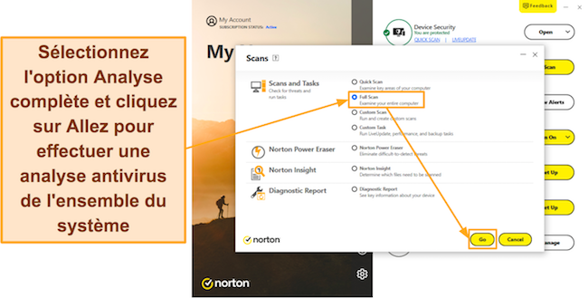 Capture d'écran montrant comment démarrer l'analyse complète de Norton