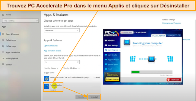 Capture d'écran montrant comment rechercher et désinstaller PC Accelerate Pro