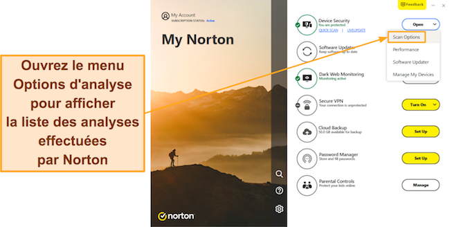 Capture d'écran montrant comment accéder au menu Options d'analyse de Norton