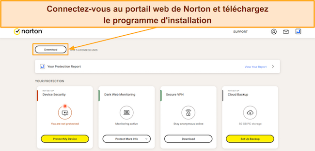 Capture d'écran montrant comment télécharger la configuration de Norton