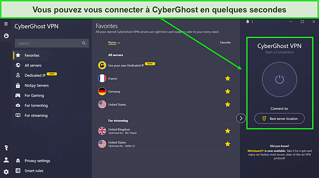 L'interface utilisateur de CyberGhost, démontrant sa fonction de connexion rapide et divers serveurs optimisés pour différentes utilisations.