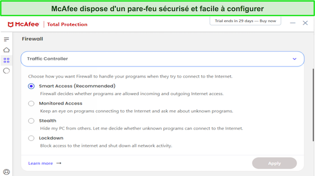 Capture d'écran de la personnalisation du pare-feu antivirus McAfee