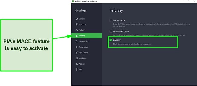 Screenshot of MACE settings on PIA's app