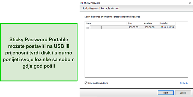 Snimka zaslona prijenosnog USB pogona Sticky Password.