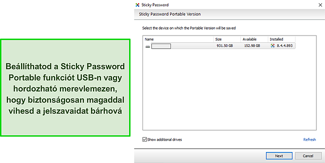 Képernyőkép a Sticky Password hordozható USB-meghajtóról.