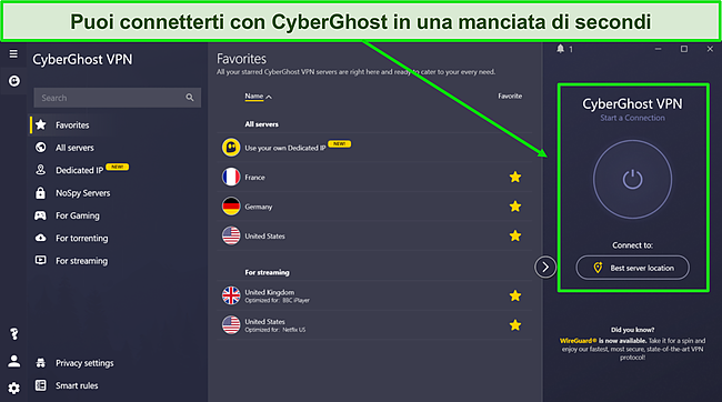 L'interfaccia utente di CyberGhost, che mostra la sua funzione di connessione rapida e vari server ottimizzati per usi diversi.