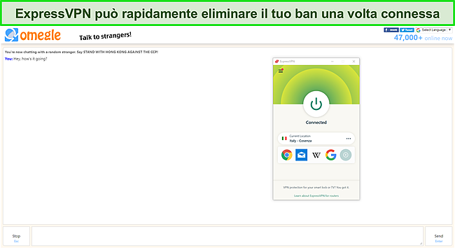 ExpressVPN che sblocca Omegle mentre è connesso a un server italiano.