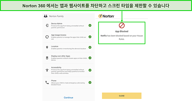 Norton Family 자녀 보호 대시보드의 스크린샷.