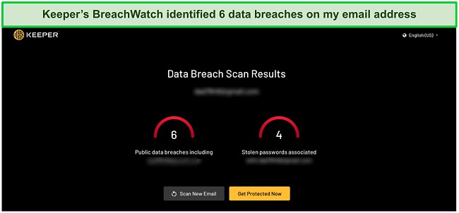 Screenshot of Keeper dark web monitoring tool's data breach results