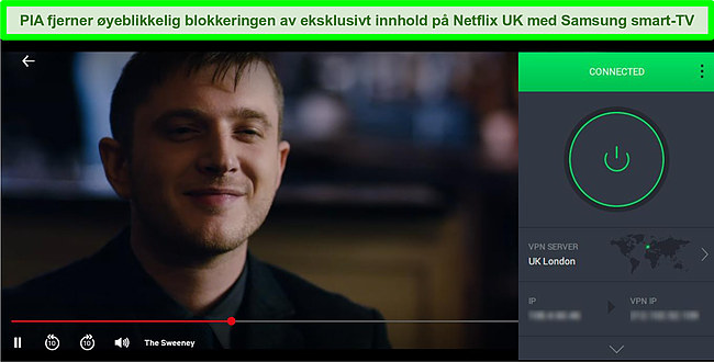 Skjermbilde av The Sweeney som strømmer på Netflix UK mens PIA er koblet til en server i London.