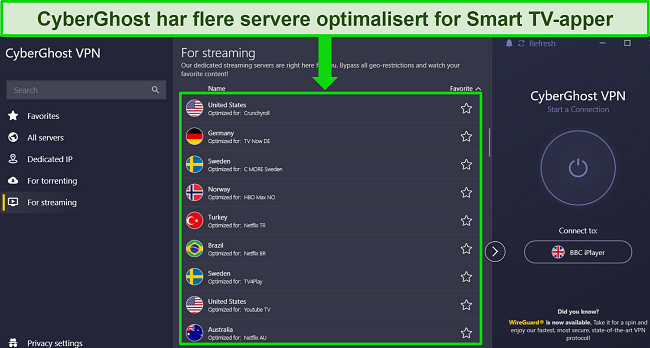 Skjermbilde av CyberGhosts Windows-app med den optimaliserte strømmeservermenyen åpen og uthevet for å vise forskjellige serveralternativer