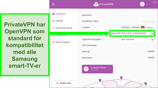 Skjermbilde av bruk av OpenVPN for det høyeste nivået av kompatibilitet.