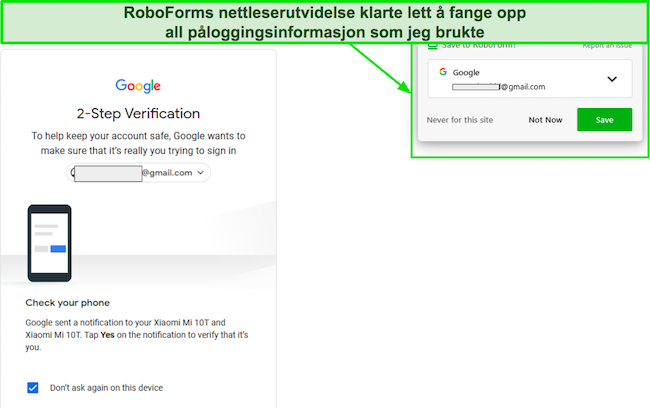 Skjermbilde av RoboForms funksjon for automatisk lagring