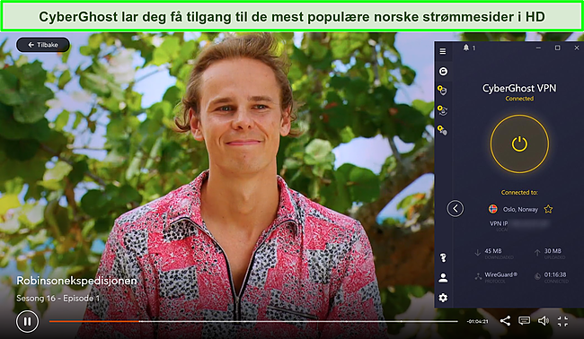 Screenshot of CyberGhost unblocking Robinsonekspedisjonen on Viafree.
