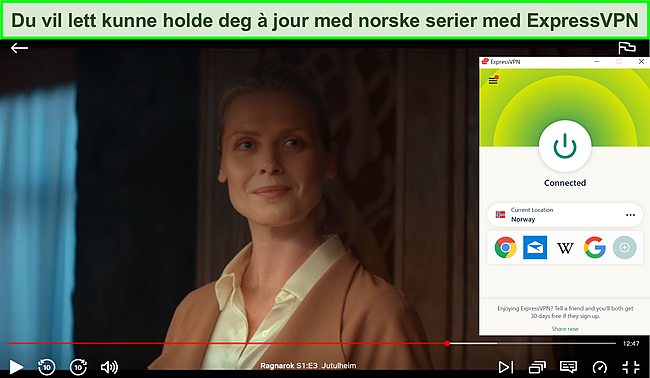 Skjermbilde av ExpressVPN som fjerner blokkeringen av Ragnarok på Netflix.