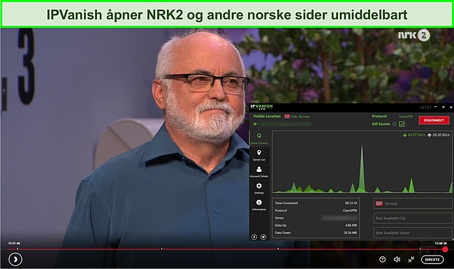 Skjermbilde av IPVanish som fjerner blokkering av NRK2.