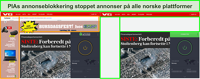 Skjermbilde som fremhever forskjellen mellom annonser som vises på VG uten PIA på og ingen annonser med PIA slått på.