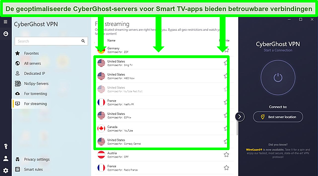 Screenshot van het gespecialiseerde streamingservermenu van CyberGhost.
