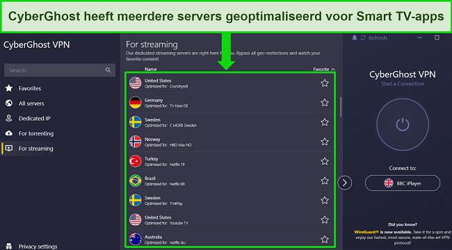 Screenshot van het gespecialiseerde streamingservermenu van CyberGhost.