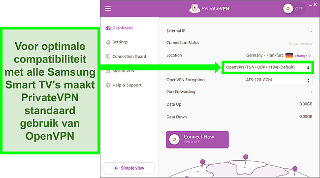 Screenshot van het gebruik van OpenVPN voor het hoogste niveau van compatibiliteit.