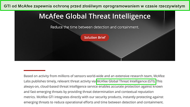 Zrzut ekranu usługi analizy zagrożeń GTI w chmurze firmy McAfee.