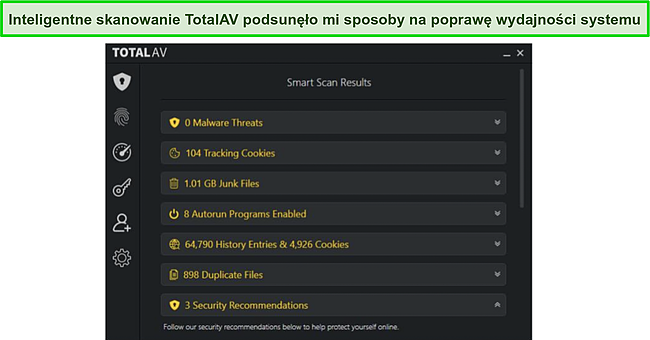 Zrzut ekranu funkcji inteligentnego skanowania TotalAV wykrywającej śmieci i inne niechciane pliki.