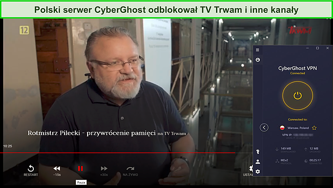 Zrzut ekranu TV Trwam transmitującego transmisję na żywo, gdy CyberGhost jest podłączony do serwera w Polsce.