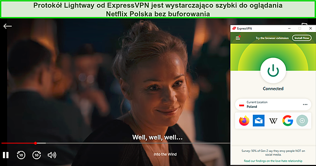Zrzut ekranu ze strumieniowego przesyłania strumieniowego Netflix Poland Into the Wind, gdy ExpressVPN jest podłączony do serwera w Polsce.