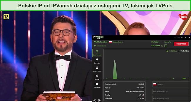 Zrzut ekranu z programu tvPuls transmitującego program na żywo, gdy IPVanish jest podłączony do serwera w Polsce.