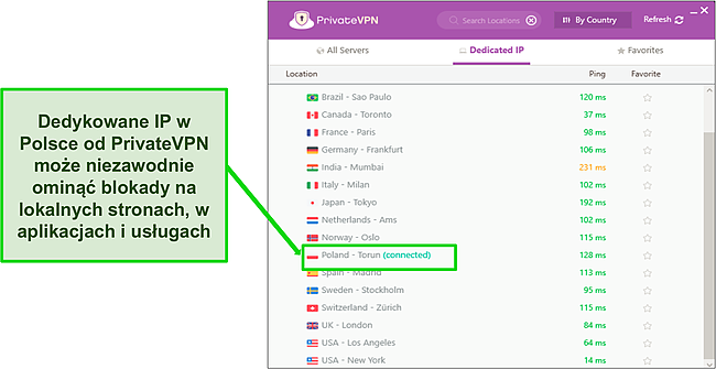 Zrzut ekranu menu serwera dedykowanego adresu IP PrivateVPN w aplikacji Windows.