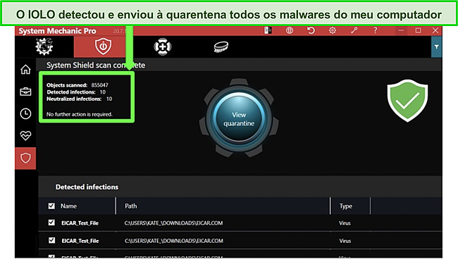 Captura de tela do antivírus IOLO removendo malware dos arquivos do sistema.