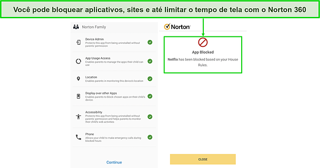 Captura de tela do painel de controle dos pais do Norton Family.