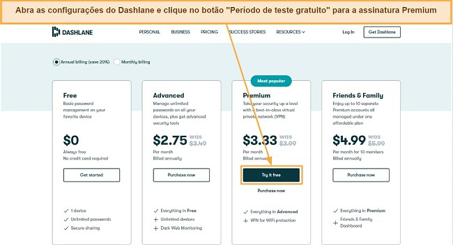 Captura de tela mostrando o menu de configurações do Dashlane com destaque no botão 'Período de teste gratuito' para a assinatura Premium