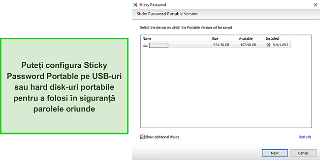 Captură de ecran a unității USB portabile Sticky Password.