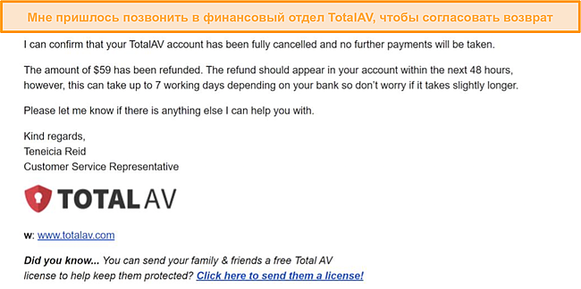 Скриншот электронного письма TotalAV с одобрением запроса на возмещение.