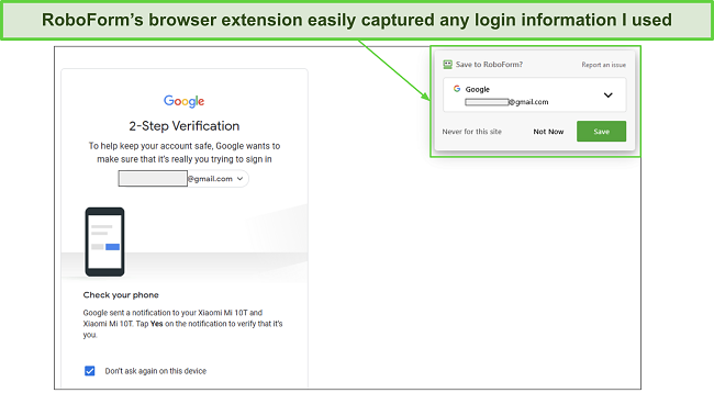 RoboForm browser extension offering to capture information for storage in the vault